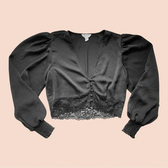 Nordstrom Black Satin Puff Sleeve Lace Trim V-Neck Crop Top Size XS - Picture 3 of 10